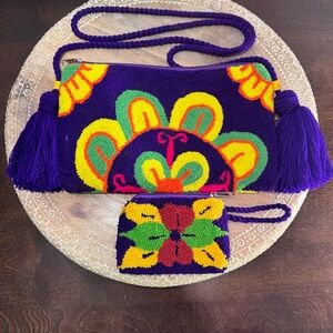 Colombian Wayuu Purple Butterfly Flowers Handmade Purse Bag & Coin Purse Artisan